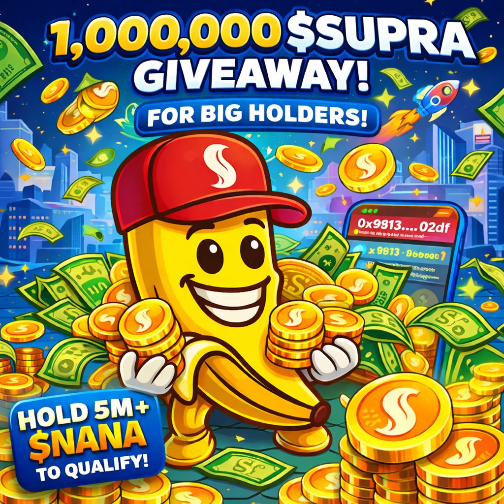 NANA_Supra's tweet photo. 🍌🔥 MEGA BANANA GIVEAWAY – $NANA FAM! 🔥🍌

ONCE AGAIN!! It’s time to go FULL JUNGLE MODE…

💰 TOTAL REWARD: 1,000,000 $SUPRA

Shared between ALL legends who BUY & HOLD at least 5,000,000 $NANA 🍌💎

📝 HOW TO BE ELIGIBLE:

✅ Buy & hold 5M $NANA minimum
✅ LIKE this post ❤️
✅ SHARE / REPOST it 🔁
✅ COMMENT your wallet address 💬

📅 PAYOUT DATE: Saturday, February 28
Straight into your wallet. No banana peels, no delays 😎🍌
This one is for the real Banana Fam who stack, hold, and spread the vibes across the jungle 🌴🚀
The more diamond hands we have… the bigger the banana party 🥳
🍌 BUY BANANA → HOLD BANANA → GET $SUPRA
🍌 SPREAD BANANA → GET $SUPRA
🍌 NANA FAM = WINNERS
Let’s make it rain $SUPRA in the jungle 🌧️🍌
 $NANA x $SUPRA = PEEL TO THE MOON 🚀🍌

#NANA #memecoins #Supra #Nft #Airdrops #Web3 #GIVEAWAY