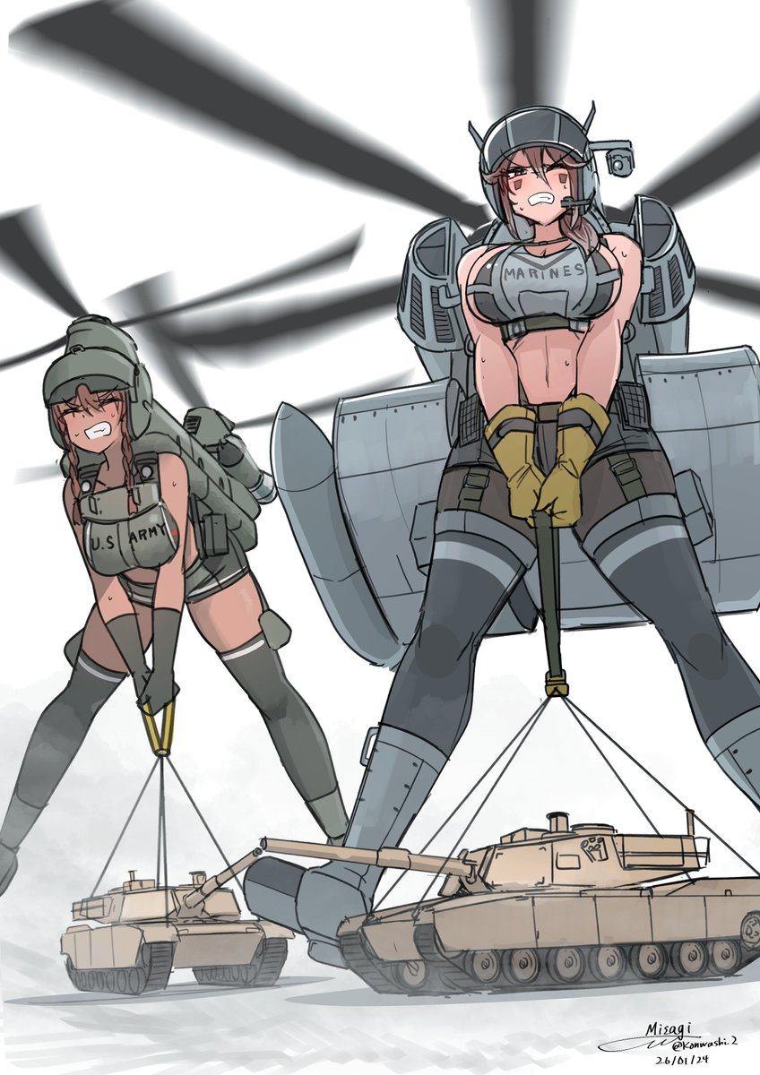 Konwashi_2's tweet image. 戦車を持ち上げようとする輸送ヘリ娘ラクガキ