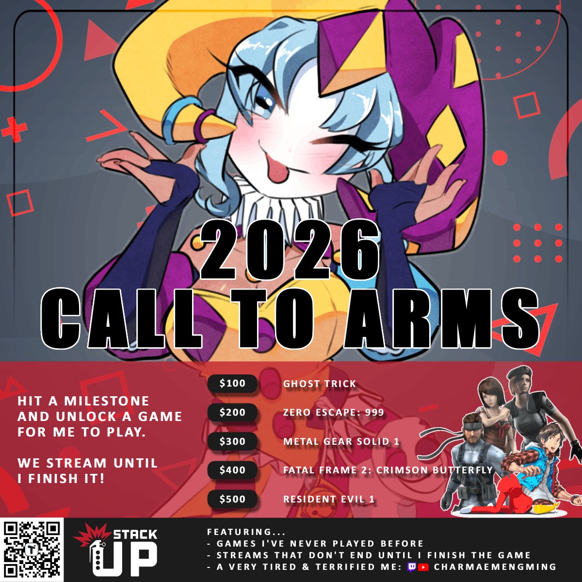 I'm fundraising for <a href="/StackUpDotOrg/">Stack Up</a>'s #CallToArms again this year 💪

Every $100 unlocks a stream that DOES NOT END until I beat the game in question 😈
... I have played NONE of them before...! 😱

Campaign will be active the whole year!
🐏 Donate here: tilt.fyi/G9hx3DNuw4 🎭