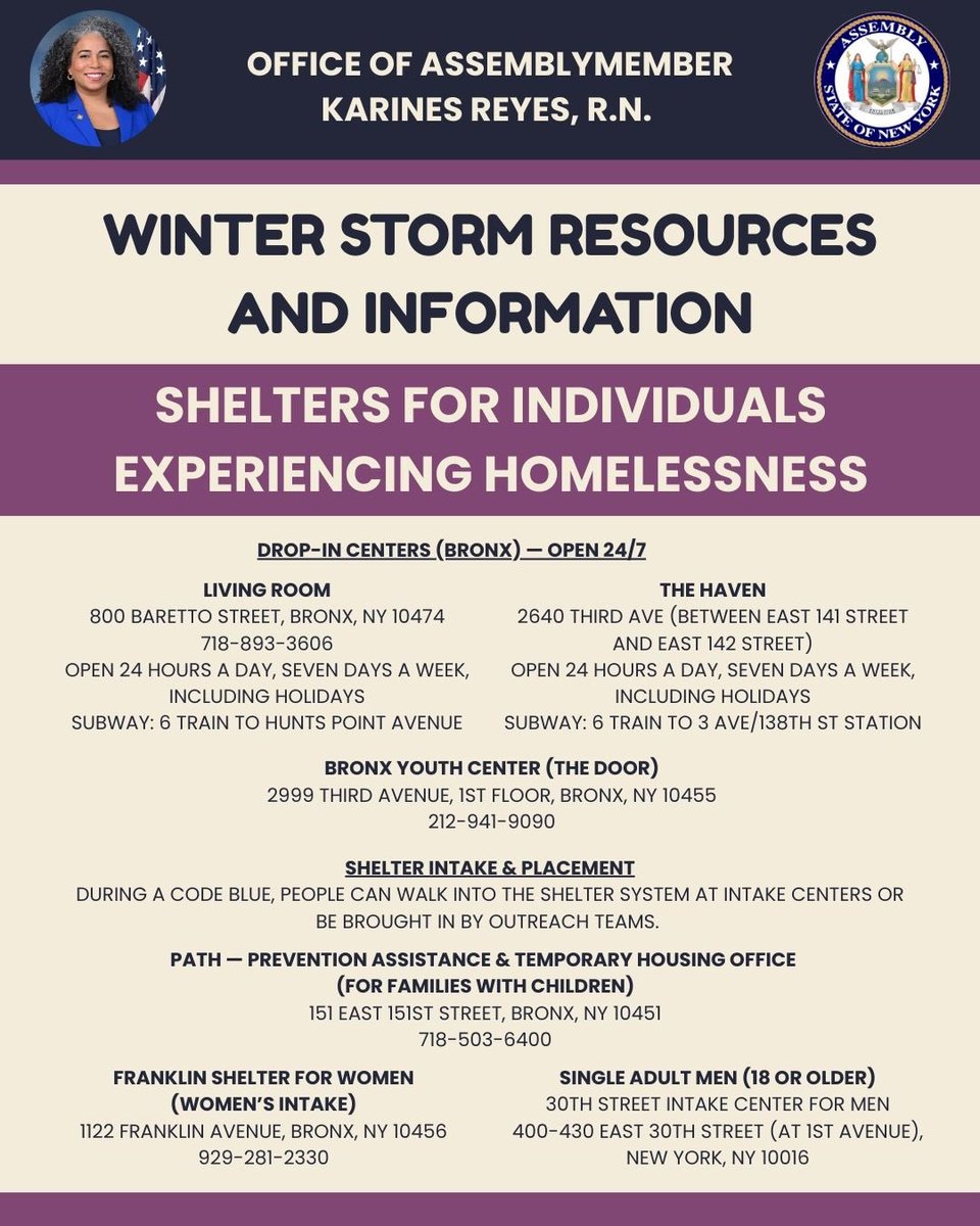 KarinesReyes87's tweet photo. ‼️ATTENTION🚨: #AD87 Residents
The NYC region is under a 🌨️Winter Storm Warning❄️. High snowfall & ice, extremely cold temperatures and high winds are expected in the forecast, Bren 1/24-1/26.
Stay inside & warm, if you can, and know your rights during this state of emergency! https://t.co/tjF3POVccd