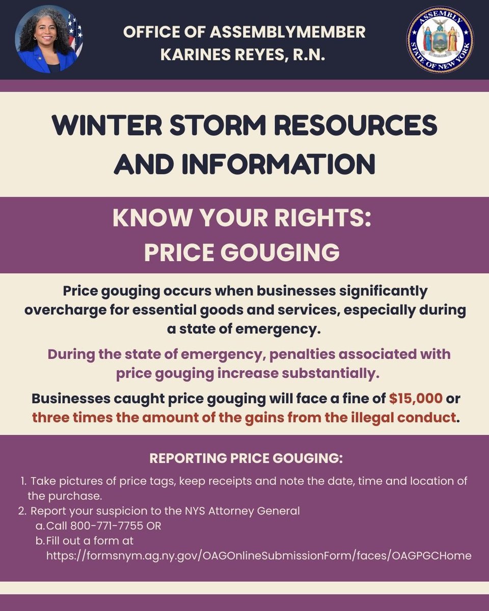 KarinesReyes87's tweet photo. ‼️ATTENTION🚨: #AD87 Residents
The NYC region is under a 🌨️Winter Storm Warning❄️. High snowfall & ice, extremely cold temperatures and high winds are expected in the forecast, Bren 1/24-1/26.
Stay inside & warm, if you can, and know your rights during this state of emergency! https://t.co/tjF3POVccd