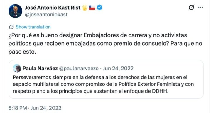 Por la boca ...
Kast está quedando en ridículo, todo lo que criticó hoy el lo hace pero con personas incompetentes, ejemplo Ampuero a la ONU.