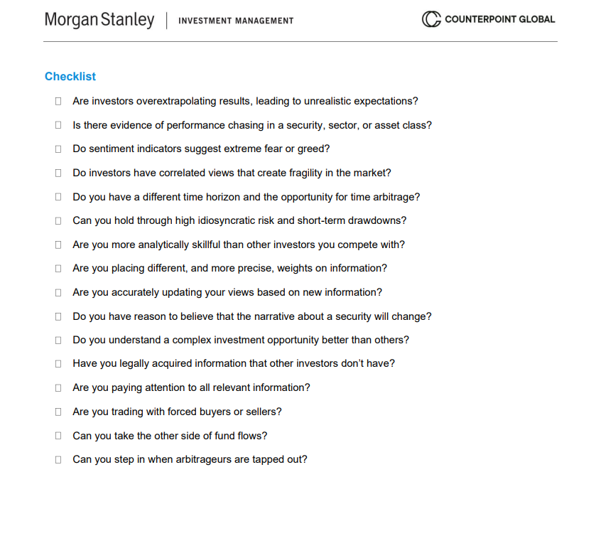 SteadyCompound's tweet photo. The investing edge checklist from Michael Mauboussin.

From his latest paper Who Is On the Other Side?

https://t.co/XBiQlzMCFI https://t.co/EWDPymHRU3