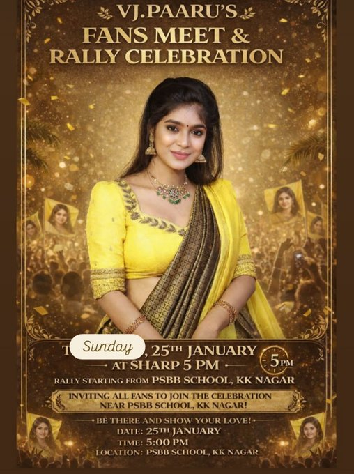 Dear Paaru fans meet &amp; rally celebration 😁😍

25th January 🤩🙏

#PaaruFanFestival ✨

 #BiggBossTamil9 #BiggBoss9Tamil #VJParvathy #VJPaaru