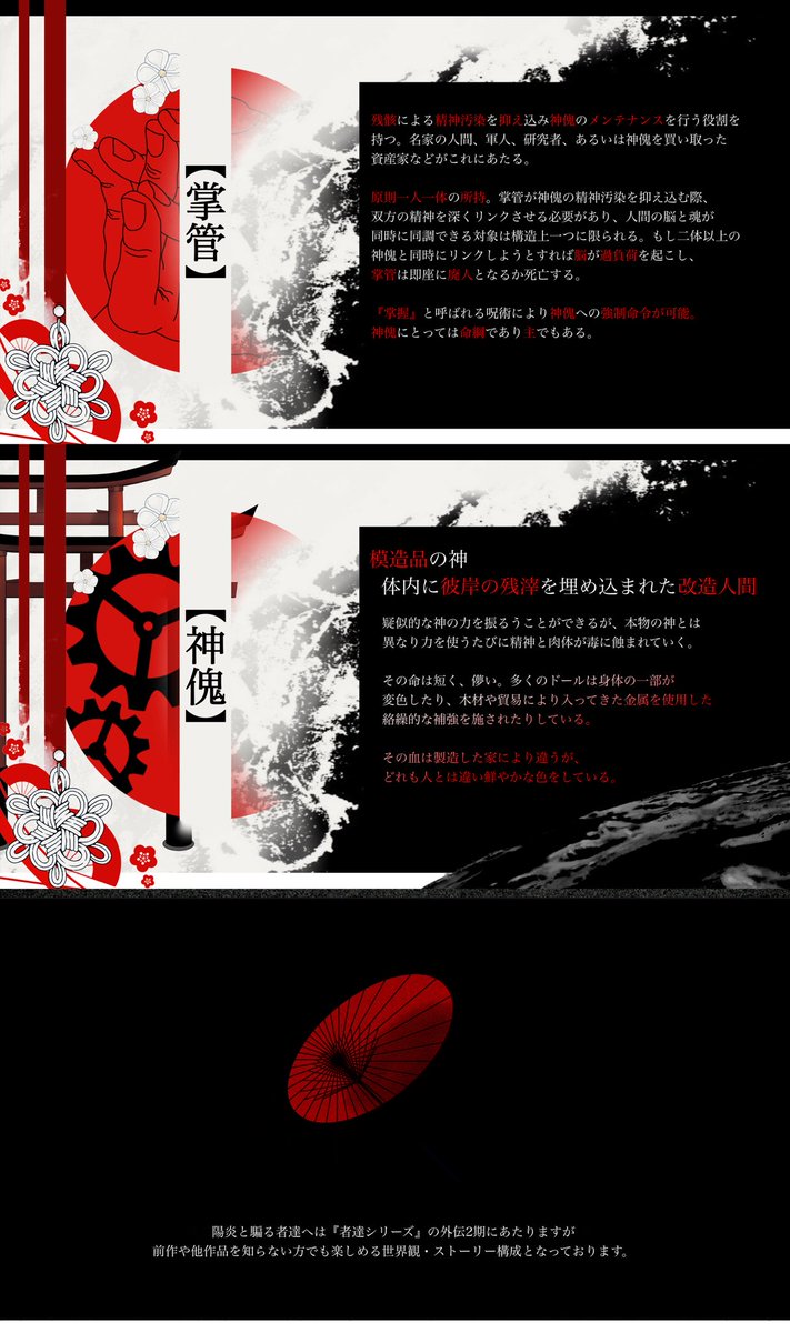 KageRo_kataru's tweet photo. #創作企画 
#陽騙一公式

✧ 模造品の神× 主従×継承戦 ✧

『その姿、陽炎の如し。』

和と洋が混在する国、狐狗狸此(コクリコ)。
次期皇帝の座に名乗りを上げたのは二人の皇子。彼らは神傀による代理戦争を開始した。

【人数固定一次創作企画】
✻ 陽炎と騙る者達へ ✻

フォロワー20↑で始動 https://t.co/KjDu1Qrr3Z