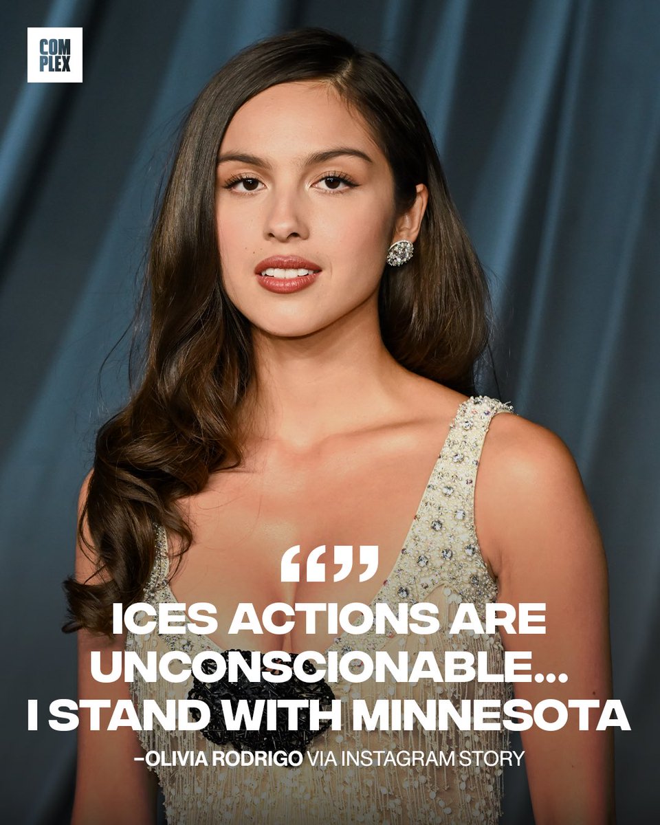 Complex's tweet photo. Olivia Rodrigo speaks out against ICE on her latest Instagram stories. 

‘ICEs actions are unconscionable but we are not powerless. our actions matter. I stand with Minnesota. 

[via/ IG OliviaRodrigo] https://t.co/M3LAMxN1Ao