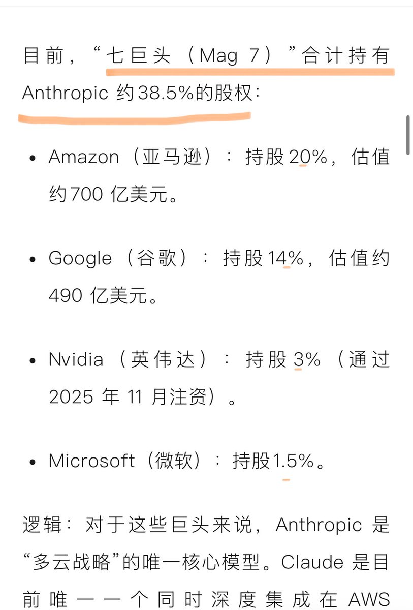 七巨头对Anthropic的注资蛮多的，加起来已经达到38.5%的股权占比了。 对于这些巨头来说，Anthropic 是“多云战略”的唯一核心模型。