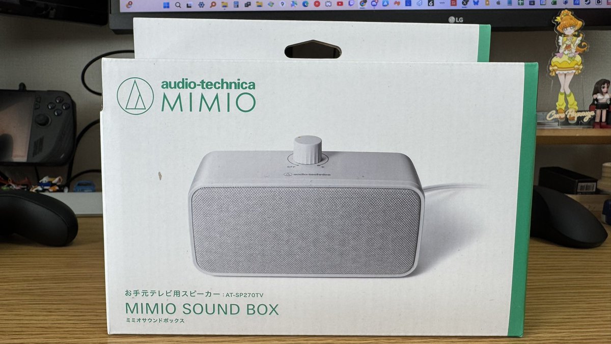 a1ma's tweet image. audio-technica MIMIO を購入
用途はモニターに差してpcとSwitchの音出し
aux刺すだけのステレオ仕様でケーブルは5mあり電源はUSBからだけどソケットは用意されてないので各自で用意するタイプ
jamboxと比べてもそこまで嵩張らないし五千前後なら満足している