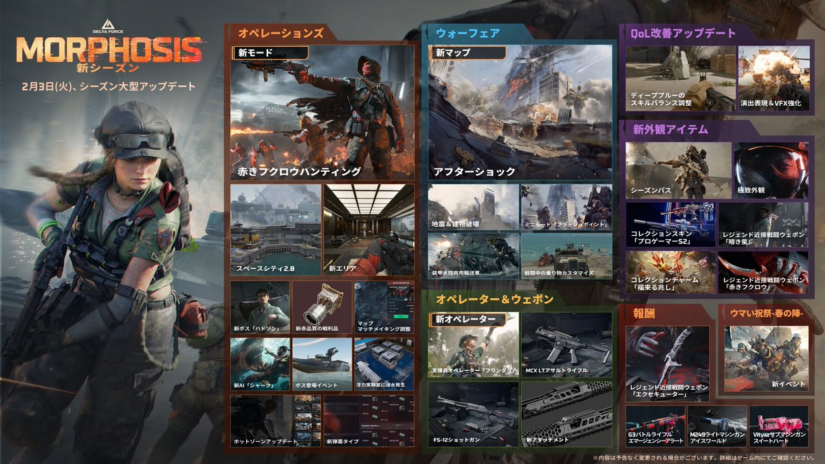 DeltaForceG_JP's tweet photo. プレビューライブ配信まとめ📹

プレビューライブ配信をご視聴いただき、ありがとうございました🙏

新シーズン「モーフォーシス」は2月3日(火)に配信開始予定！
そこで、配信で紹介された新シーズン「モーフォシス」の新要素をまとめてお届けします💁‍♀️

見逃した方も、復習したい方も、ぜひご覧ください👀

#DeltaForce
#デルタフォース