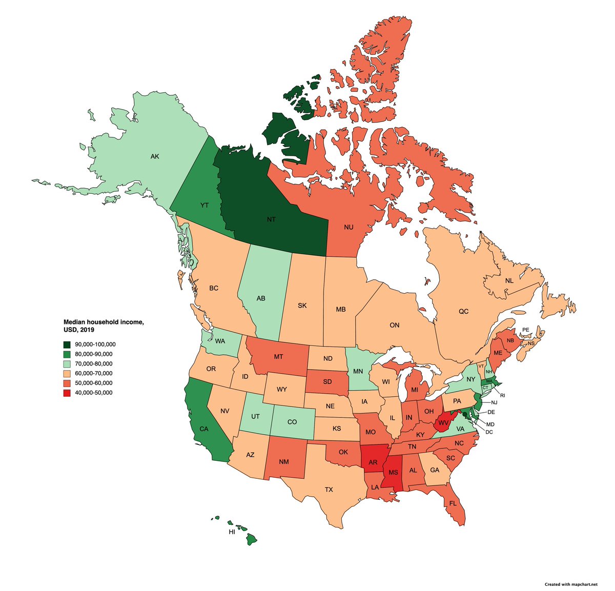 Balder13946731 有图有真相，美加两国家庭收入中位数的对比。加国的颜色多么平衡，再看看美国，贫富分化比中国强不了多少吧？