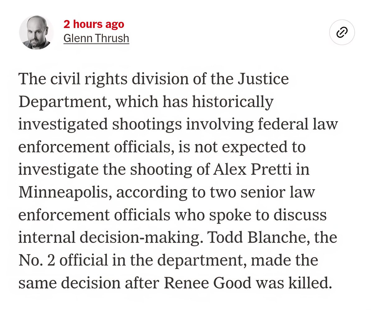 SethAbramson's tweet image. (🚨) BREAKING NEWS (NYT): Trump Regime DOJ Won't Investigate Execution of Alex Pretti—Just As It Ignored Renee Good's Execution

Two US citizens with no criminal records, killed by Trump agents without cause.

Zero investigation.

Trump has violated his Oath—he must be impeached.