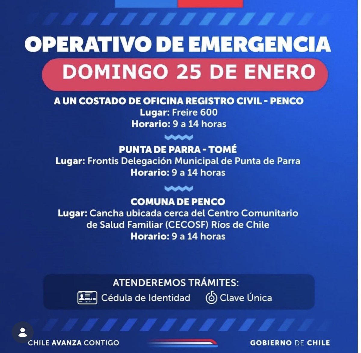 Este domingo 25 de enero realizaremos un nuevo operativo para apoyar a nuestra comunidad de Penco, Lirquen y Punta de Parra.

Infórmate aquí ⬇️los lugares y horarios de atención
