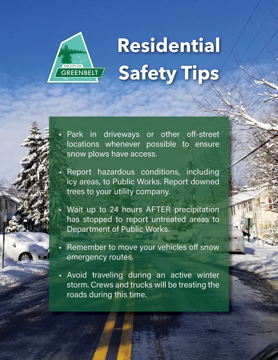 CityofGreenbelt's tweet photo. Greenbelt, let’s stay safe and help our crews this weekend! ❄️🚗 With freezing temperatures and snow in the forecast, please keep these reminders in mind.

Stay warm, stay safe, and thank you for helping our Public Works crews. https://t.co/RgVICzslPU