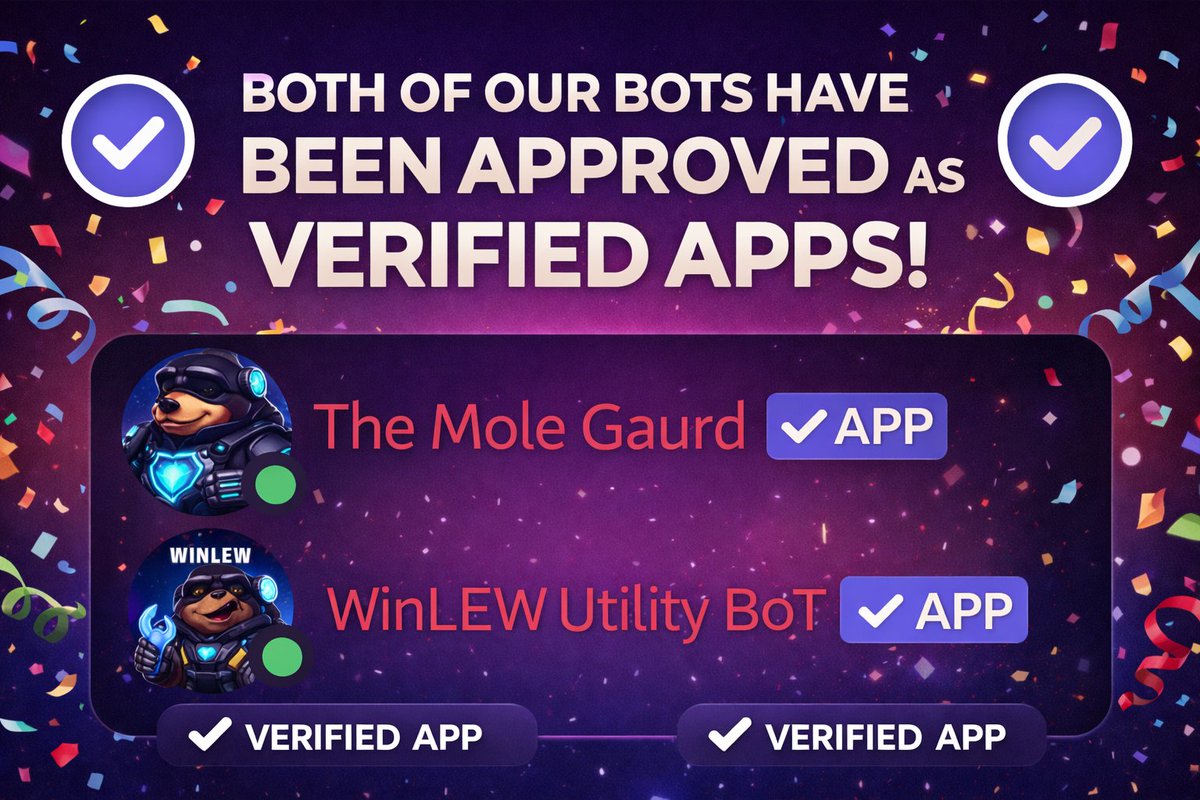 LewSales's tweet image. 🚨 $WinLEW Milestone Achieved 🚨

We’re proud to announce that both of our official Discord bots have been approved as VERIFIED APPS 🎉

✅ The Mole Guard (Goes Live Feb 2nd)
✅ WinLEW Utility BoT
This verification isn’t just a badge — it’s confirmation that our tools meet