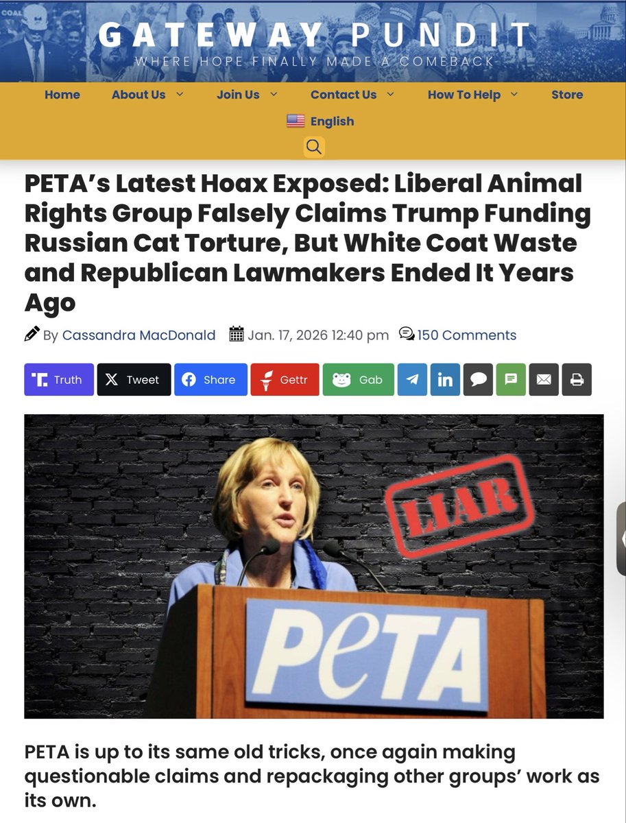 WhiteCoatWaste's tweet image. “The problem is that @peta’s claim seems to be false. The NIH hasn’t funded these cat experiments in Russia for three years since … White Coat Waste first exposed and cut the funding.”

📰PETA’s Latest Hoax Exposed: Liberal Animal Rights Group Falsely Claims Trump Funding