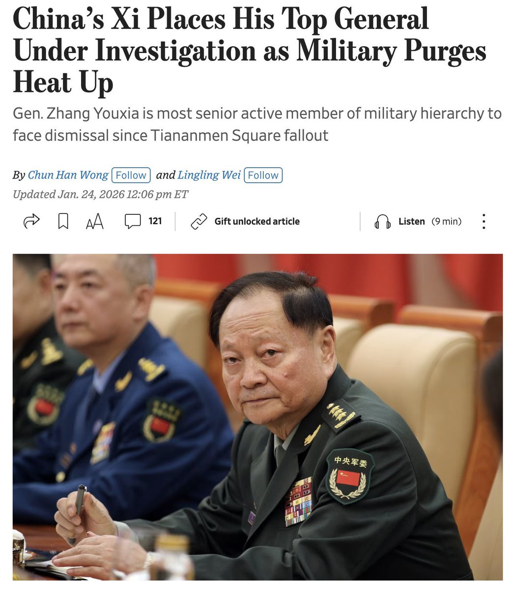 YoooRica's tweet photo. Zhang Youxia: Xi Jinping’s Once Most Trusted Ally

First, it is essential for the western world to understand who Zhang Youxia really is and the background.

Beyond his top-tier position as the “top general,” “Xi's second-in-command,” and Vice Chairman of CMC,” Zhang Youxia embodies the rare convergence of “red aristocracy,” second-generation military lineage, and real operational power. Within the CCP military system, he is a true “super princeling.” 

More importantly, Zhang’s relationship with Xi Jinping did not begin in their own generation—it originated with their fathers and continued uninterrupted to the present day. 

Throughout Xi Jinping’s rise and consolidation of power, Zhang Youxia was the most critical, central, and irreplaceable ally in Xi’s pursuit of personal political dominance—without exception.

It is no exaggeration to say that in Xi Jinping’s mind, Zhang Youxia ranked second only to himself and Xi Yuanping, and above Peng Liyuan (Xi’s wife) and Peng Lei (Xi’s brother-in-law). 

Under the CCP’s historical logic, allegations of corruption or personal misconduct would never justify touching someone like Zhang. Even if he had embezzled half the country, Xi Jinping would still not have acted against him.

This leads to the unavoidable question:

What could possibly have forced Xi Jinping to move d ecisively against Zhang Youxia?