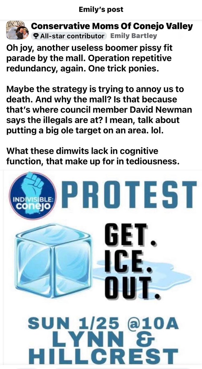 cvmamabears1's tweet photo. Local r@cist Emily B wants you to know that thereโs a protest tomorrow by the mall.
See you there, Conejo!! โ๐ผ
#conejovalley #StopICE #thanksEmily https://t.co/zs8ZSGR23e