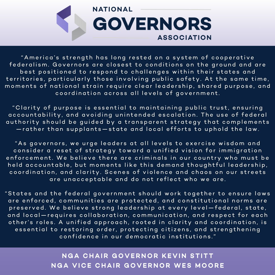 NatlGovsAssoc's tweet photo. NGA Chair Oklahoma @GovStitt and Vice Chair Maryland @GovWesMoore issued the following statement. https://t.co/hx5IeFYv3b https://t.co/08oLFRWF18