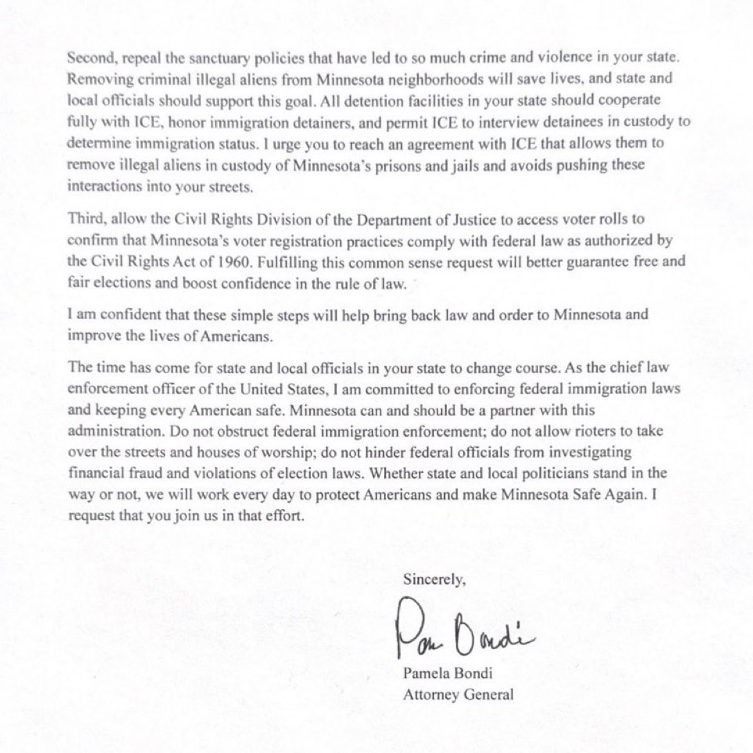 This is insane. It’s never been about immigration. 

Bondi sends letter to Minnesota saying they will withdraw ICE if state turns over voter rolls.