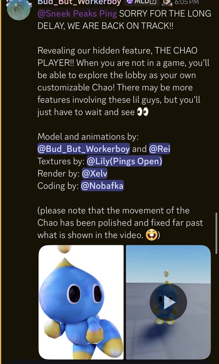 ML_MailMan's tweet image. CHAO PLAYER MODEL REVEALED

[ MODEL - @BudButGarf ]
[ ANIMATIONS - @rei_does_arts ]
[ TEXTURES - @Yukipukei ]
[ CODING - @Nobafka ]