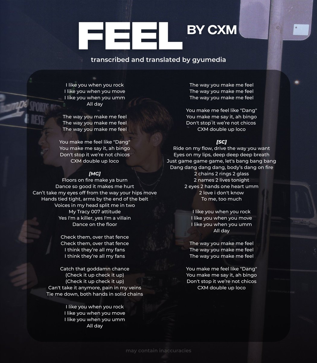 CXM UNRELEASED SONG 'FEEL' LYRICS #민규 #에스쿱스

may contain inaccuracies!