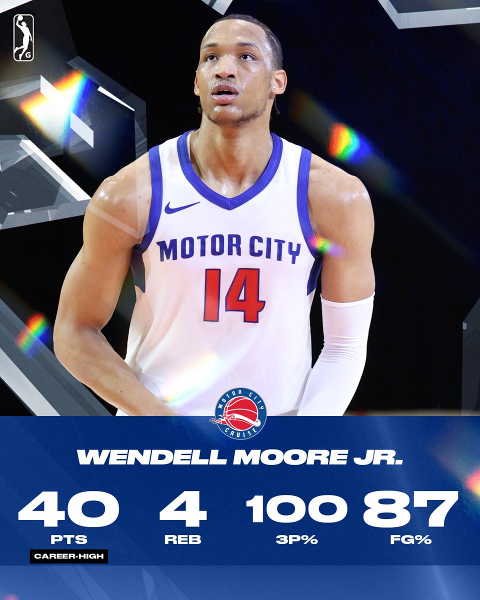 nbagleague's tweet photo. 40 PTS 🔥 4 REB 🔥 13-15 FG 🔥 5-5 3PM 🤯

Wendell Moore Jr. was EXPLOSIVE in a near perfect game for the @MotorCityCruise. He hit 12 consecutive field goals, ending the night with a 13-15 game, including 5-5 3PM marking a career-high 40 PTS 👏

@DetroitPistons https://t.co/MF9QKiYY6J