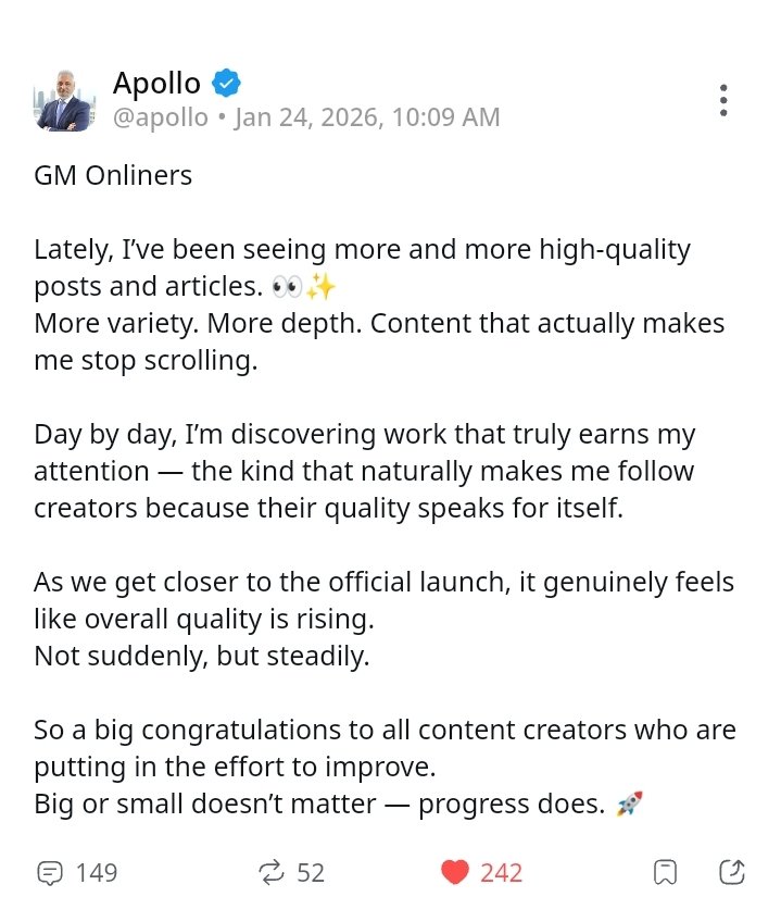 #ION CFO Apollo on #Online+ 👇

GM Onliners

Lately, I’ve been seeing more and more high-quality posts and articles. 👀✨
More variety. More depth. Content that actually makes me stop scrolling.

Day by day, I’m discovering work that truly earns my attention — the kind that