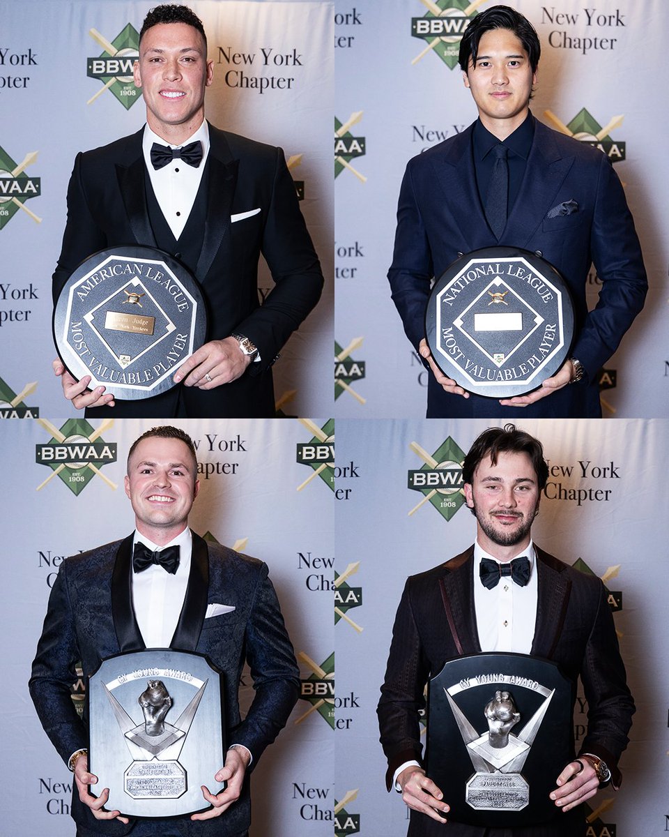 Aaron Judge, Shohei Ohtani, Tarik Skubal and Paul Skenes all picked up their hardware at the BBWAA Awards Dinner 🤩