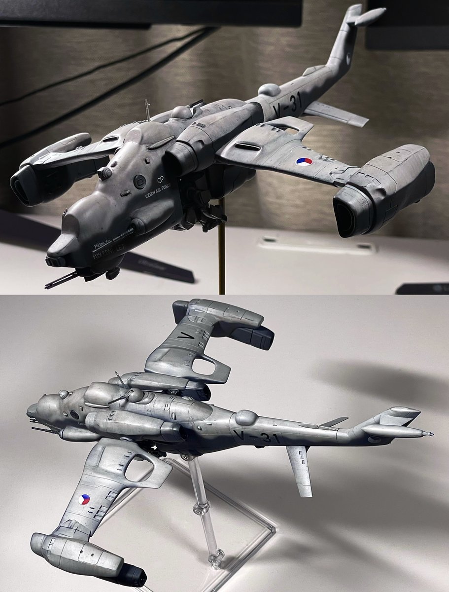 架空VTOL機「ハインド」完成しました。

エンジンと主翼に高瀬発煙機さん(<a href="/takasehatuenki/">高瀬発煙機 TAKASE-HATUENKI</a> )のハセガワハインド改造キットを使用、機首は自分なりに造形してみました。