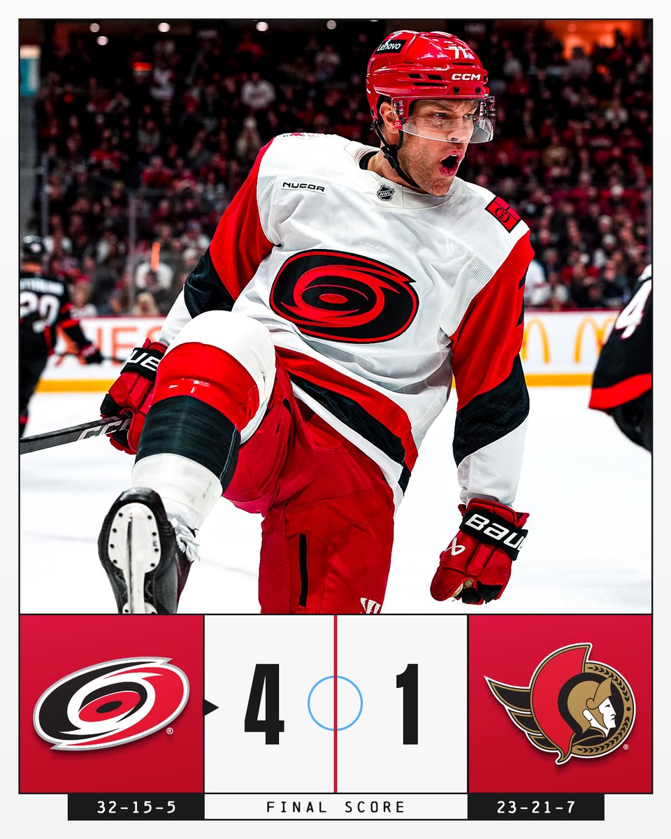 NHL's tweet image. The @Canes leave Ottawa with two points! 🌀