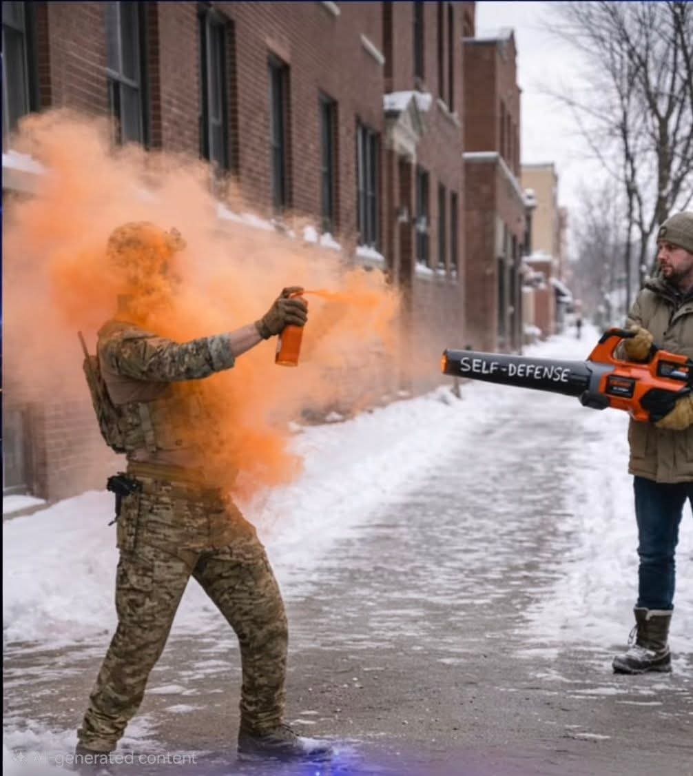 Agente de ICE quería rociar con gas pimienta a manifestante y el manifestante usó una sopladora para que él mismo se lo rociara en su cara.