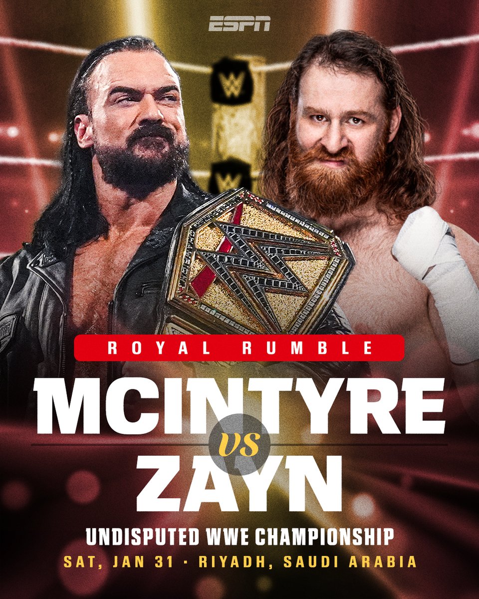 espn's tweet image. WHO WILL LEAVE THE ROYAL RUMBLE AS THE UNDISPUTED WWE CHAMPION? 🏆

Stream the 2026 #RoyalRumble next Saturday at 2 PM ET with the ESPN Unlimited plan es.pn/watchwwe