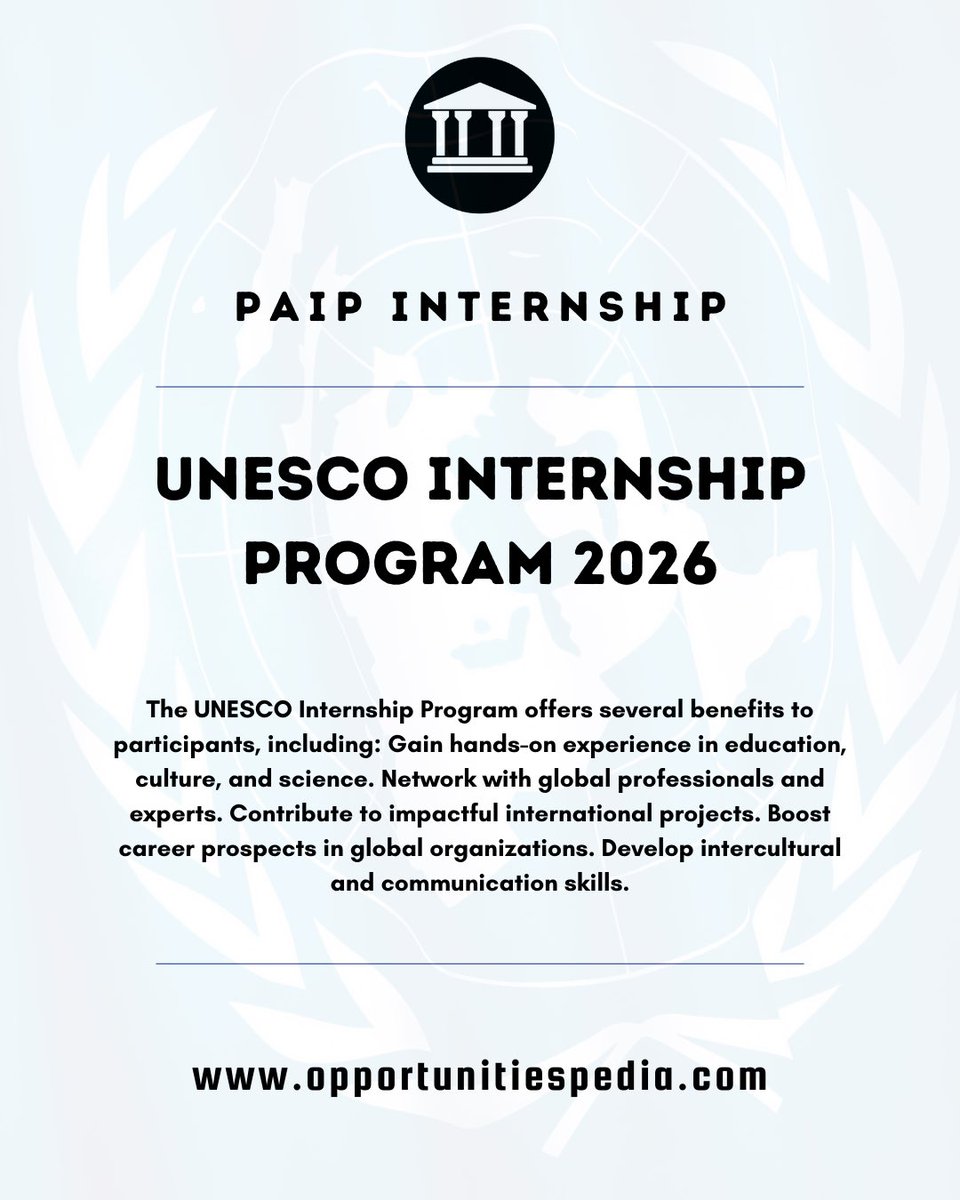 UNESCO Internship Program 2026 | Global Opportunity

🏛️ Organization: UNESCO (United Nations Educational, Scientific &amp; Cultural Organization)
🌐 Location: UNESCO Offices Worldwide
⏳ Duration: 1–6 Months

Who Can Apply: Students &amp; Recent Graduates

Link: opportunitiespedia.com/unesco-interns…