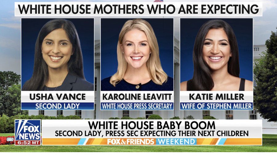 HideIndisky's tweet image. 【#少子化対策】の参考に
ホワイトハウスのベビーブームに関するニュースでは、以下3名が2026年の出産予定：
• ウシャ・ヴァンス ：副大統領夫人（セカンドレディ）
• カロリン・リービット ：ホワイトハウス報道官
• ケイティ・ミラー ：スティーブン・ミラー氏の妻
👏
foxnews.com/politics/white…