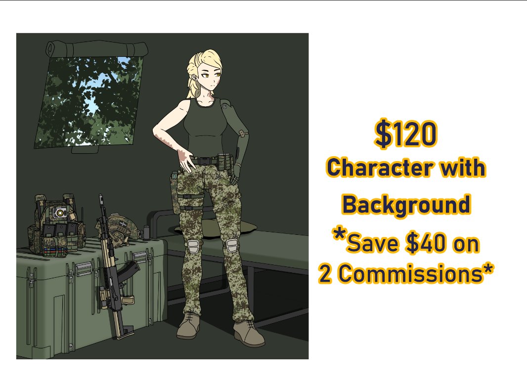⭐️Commissions Open⭐️

No: Mecha, Furry, Realistic
Yes: 18th century to present uniforms, tactical gear

-Full upfront payment: 3 free reviews/corrections
-Installments: 1 free review/corrections

Returning customers get additional $10 discount