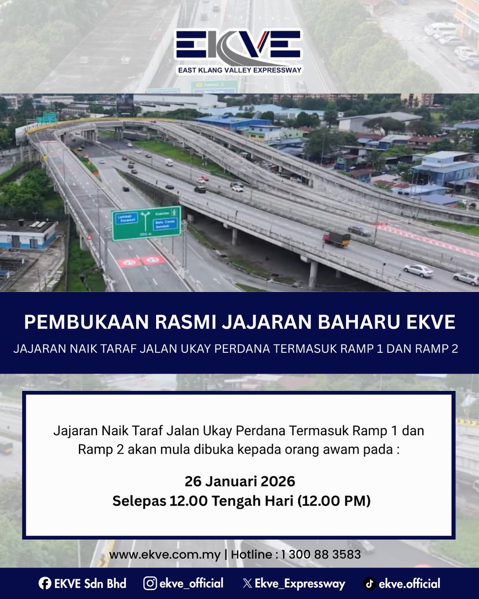 EKVE_Expressway's tweet photo. PEMBUKAAN JAJARAN NAIK TARAF JALAN UKAY PERDANA TERMASUK RAMP 1 DAN RAMP 2 EKVE

Ramp 1 dan Ramp 2 Jalan Ukay Perdana akan mula dibuka kepada orang awam pada 26 Januari 2026, selepas jam 12.00 tengah hari. https://t.co/PbsnzWHh5M