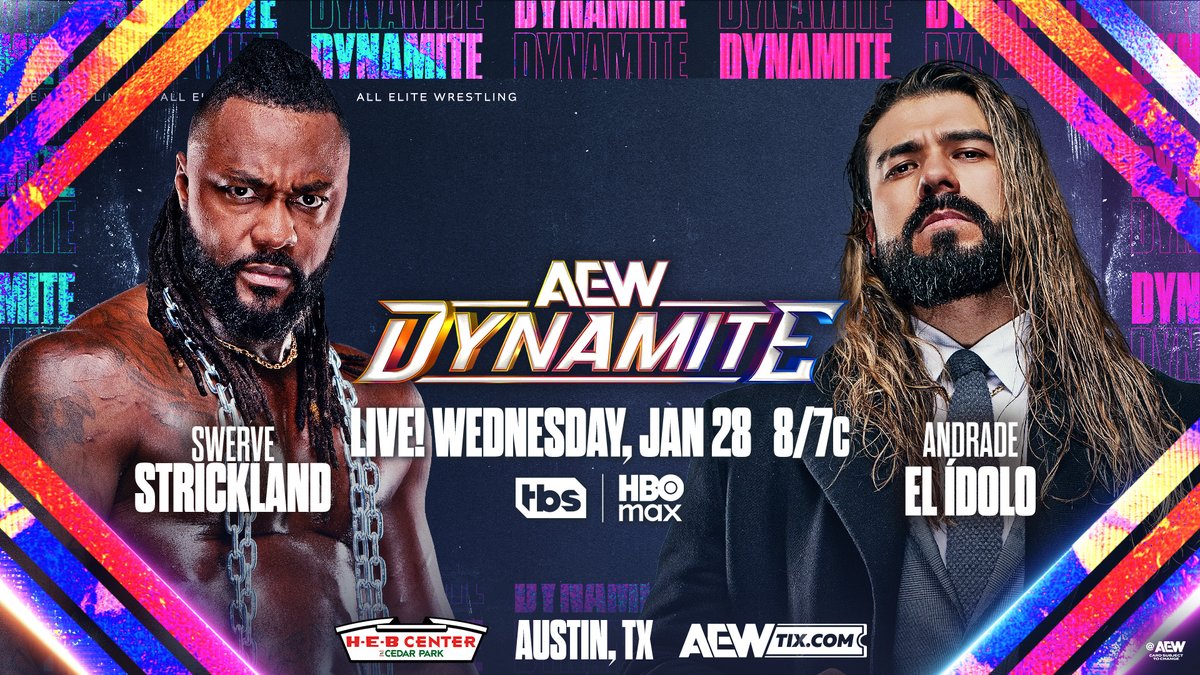 AEW's tweet image. This Wednesday, 1/28!

Wednesday Night #AEWDynamite presents 3 Championship bouts and more LIVE from Austin, TX!

Tune in at 8/7c on @TBSNetwork + @SportsOnMAX, THIS WEDNESDAY!