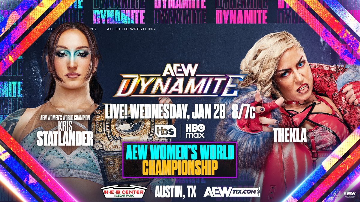 AEW's tweet image. This Wednesday, 1/28!

Wednesday Night #AEWDynamite presents 3 Championship bouts and more LIVE from Austin, TX!

Tune in at 8/7c on @TBSNetwork + @SportsOnMAX, THIS WEDNESDAY!