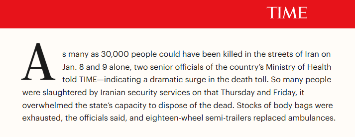 AZ_Intel_'s tweet photo. As many as 30,000 people could have been killed in the streets of Iran on January 8 and 9 alone, two senior officials of the country’s Ministry of Health told TIME. https://t.co/3YctHIQiMN