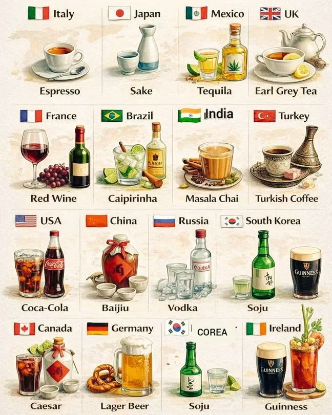 Stat_Cult's tweet image. 🫖 Countries with their Most Iconic National Drink 🍹

1. 🇮🇹 Italy: Espresso
2. 🇯🇵 Japan: Sake
3. 🇲🇽 Mexico: Tequila
4. 🇬🇧 United Kingdom: Earl Grey Tea
5. 🇫🇷 France: Red Wine
6. 🇧🇷 Brazil: Caipirinha
7. 🇮🇳 India: Masala Chai
8. 🇹🇷 Turkey: Turkish Coffee
9. 🇺🇸 United States:…