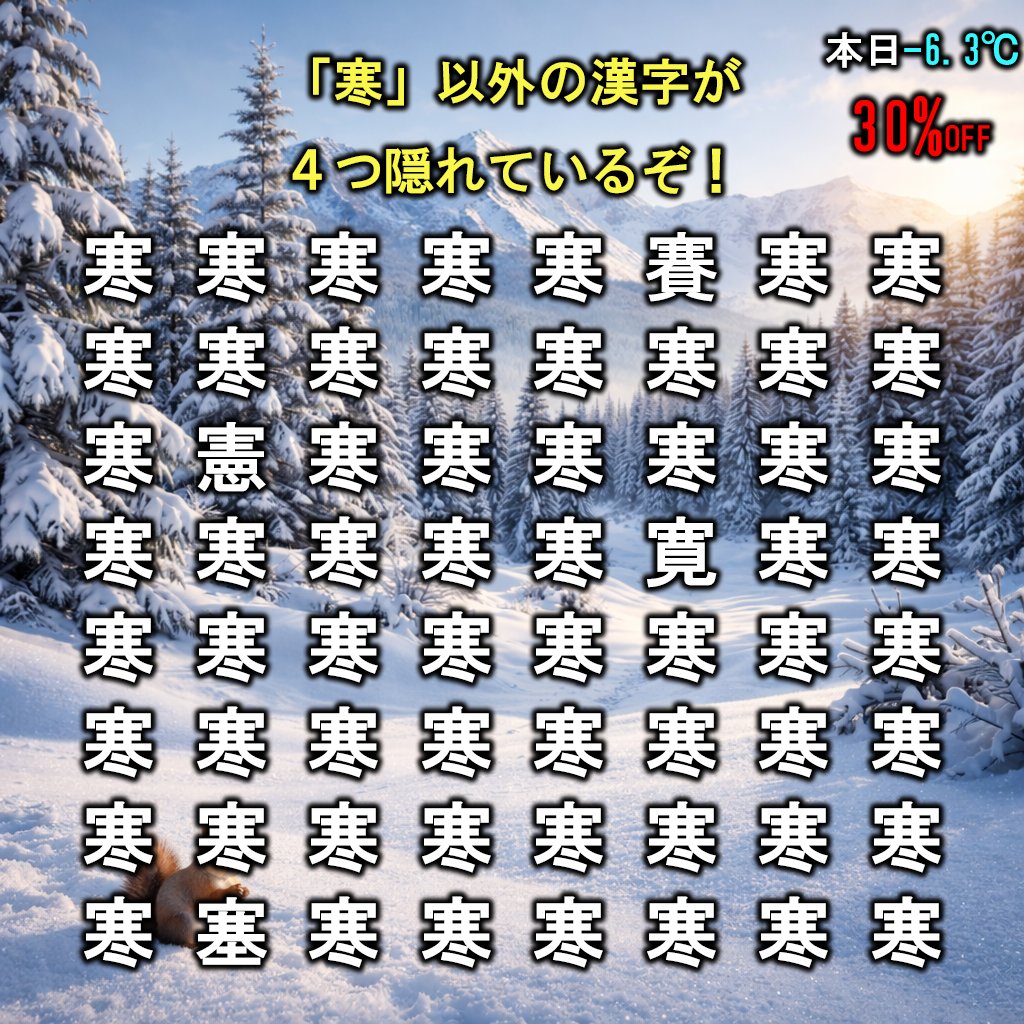 【本日30%OFF☃️】
10秒以内に「寒」以外の漢字を全部見つけられたらIQ53万(推定値)です。

#寒得
#清里
#萌木の村