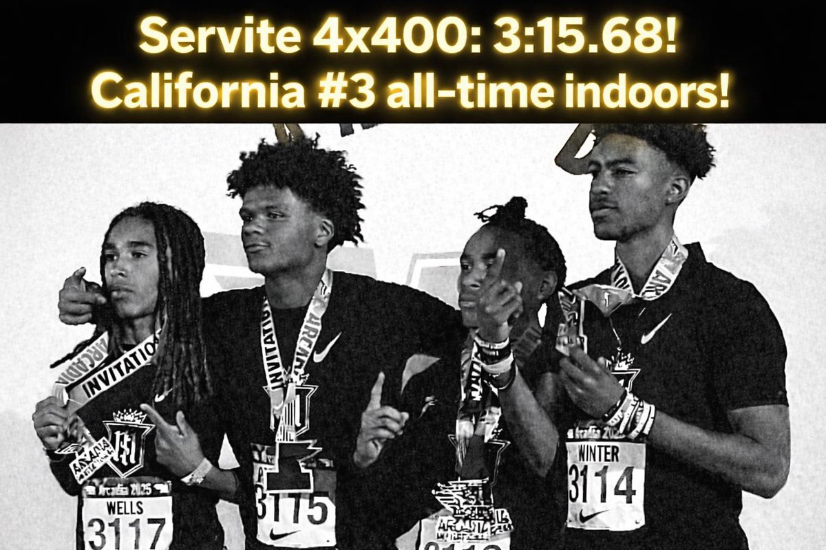 BREAKING: The <a href="/ServiteHS/">Servite High School</a> all-sophomore quartet of Kamil Pelovello, Jaelen Hunter and twins Jorden &amp; Jace Wells drops the fastest indoor boys 4x400 time by a California team in 29 years! Muir ripped 3:13.68 in 1997 &amp; state record 3:13.34 in 1996 (both anchored by Obea Moore)! 🏃🏿💨
