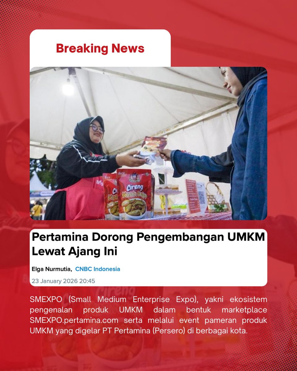 PortalEnergi's tweet photo. Mantap!!! Pertamina dorong pengembangan UMKM melalui gelaran Pertamina SMEXPO.
#Pertamina #UMKM #ProgramPertamina #PertaminaSMEXPO https://t.co/r6Ay98bKBe