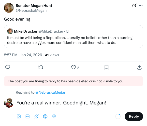Good evening <a href="/NebraskaMegan/">Senator Megan Hunt</a>.

We see you.  Keep on winning.

x.com/NebraskaMegan/…