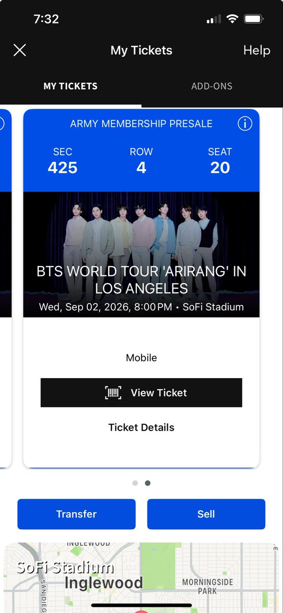 amplepeach's tweet photo. I bought 2tickets to BTS and was able to by tickets the next day that were next to each other, so i’m selling these ones! 
 The ticket in section 235, i’m selling for $350. The ticket in section 425, i’m selling for $260. Both are for LA Sep 02 SoFi.
#BTS_WORLDTOUR #BTS_ARIRANG https://t.co/beJyUMV1la