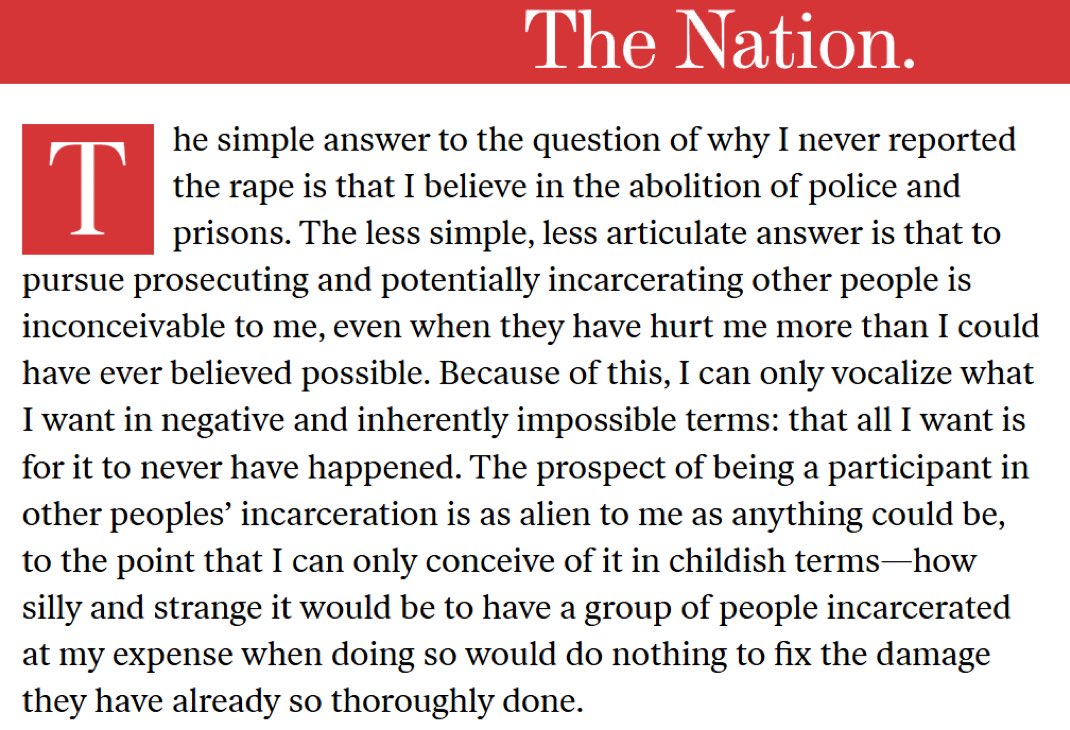 DrewPavlou's tweet image. Progressive magazine The Nation just published an extremely disturbing article arguing against the imprisonment of rapists.

The writer was brutally gang raped by a pack of men for 6 hours but refused to repot the crime to police because she believes in the abolition of all…