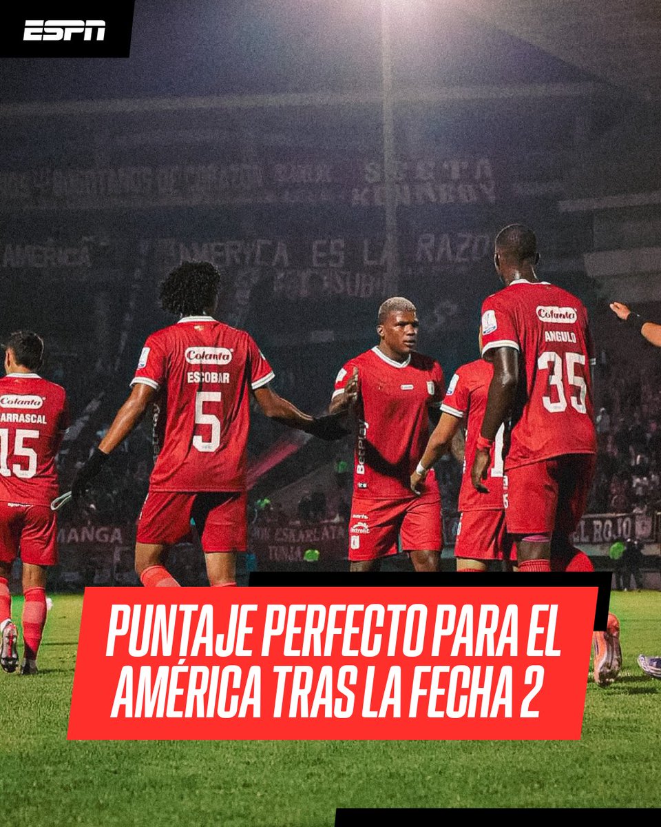 ESPNColombia's tweet image. 🔥🔴 América de Cali arrancó con todo

📊⚽ Los Escarlatas tienen puntaje perfecto luego de la segunda jornada tras vencer a Boyacá Chicó en Tunja por 1-0 y gracias a un gol de Palacios.

¿Qué opinas de este inicio de temporada del equipo americano? 🤔