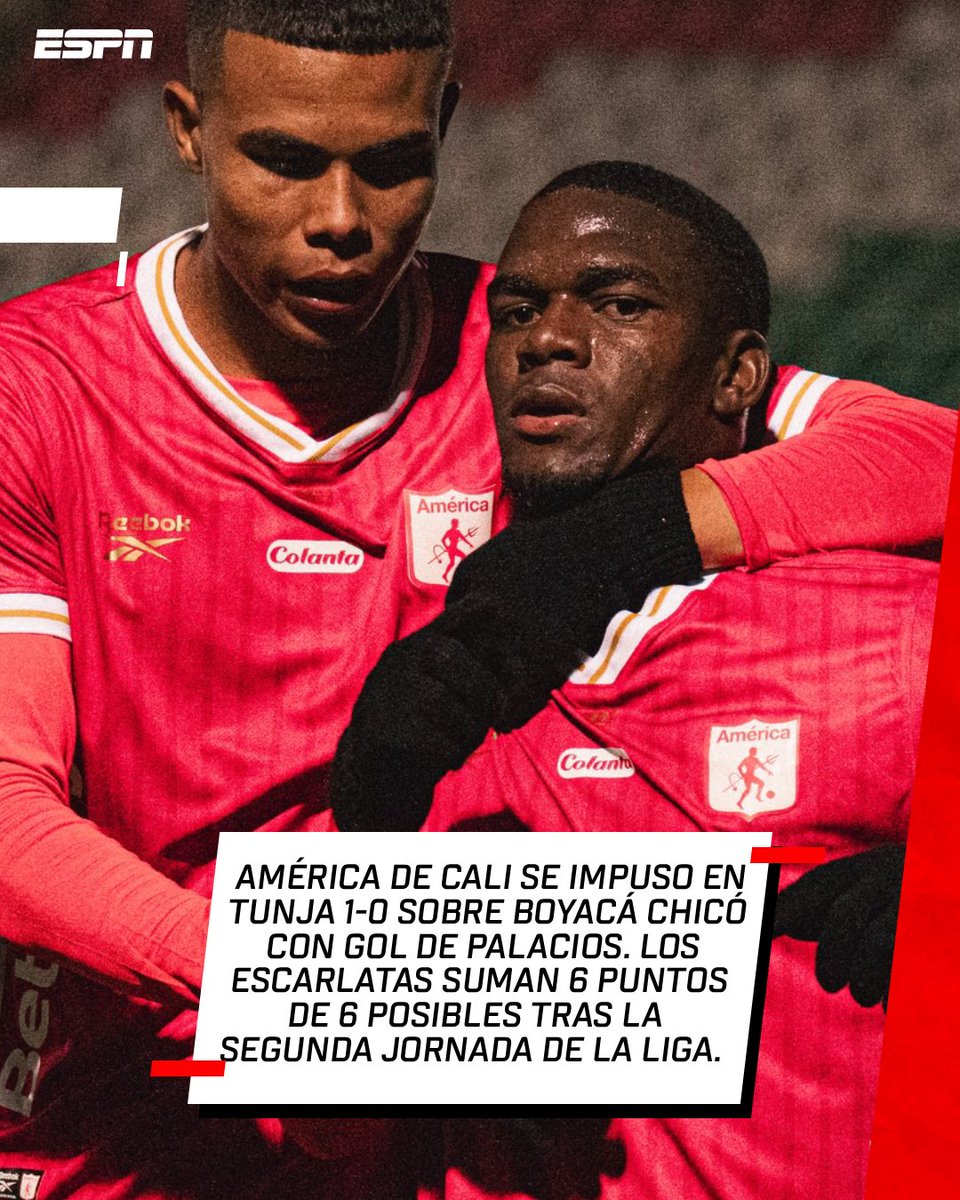 ESPNColombia's tweet image. 🔥🔴 América de Cali arrancó con todo

📊⚽ Los Escarlatas tienen puntaje perfecto luego de la segunda jornada tras vencer a Boyacá Chicó en Tunja por 1-0 y gracias a un gol de Palacios.

¿Qué opinas de este inicio de temporada del equipo americano? 🤔