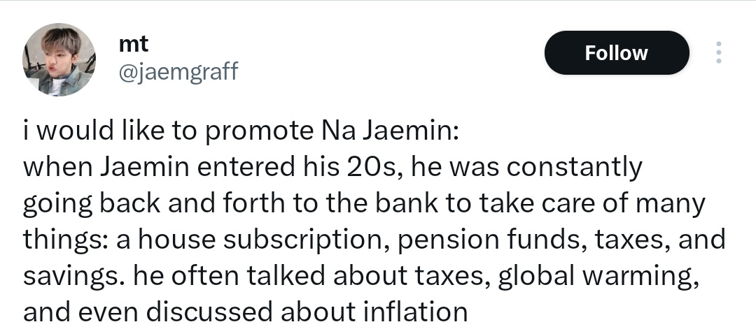 fckdiv1's tweet image. jaemin is literally one of the few idols who keep talking about his savings, taxes, inflation, money etc. and reading that comment is not something new to him, not his fault that people assumed that he's shading someone who is facing a tax evasion scandal.