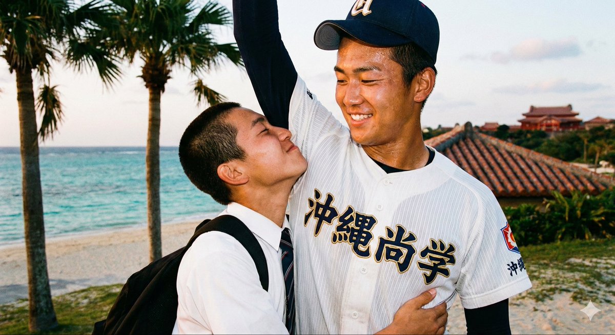 k_emarge's tweet photo. 潮風と汗の匂いを鼻で感じ、珊瑚礁の白い砂と汗だくの白いユニの触感を皮膚で感じる🏖️

いつまでも、キミと繋��っていたい🤝

亜熱帯の太陽に熱せられて、僕のハートは一層ヒートアップ⚾️

＊ イラストに描かれている人物や背景は、すべて架空・虚構のものです。 https://t.co/tQpymakrhV